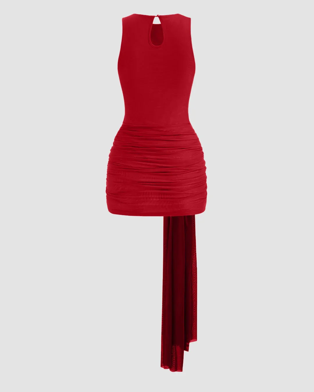 Mesh Draped Ruched Knotted Sleeveless Mini Dress in Red