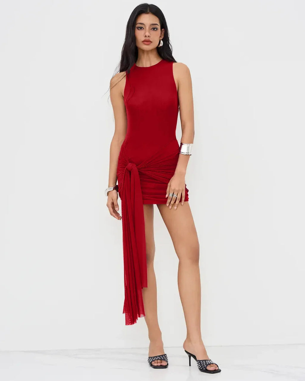 Mesh Draped Ruched Knotted Sleeveless Mini Dress in Red