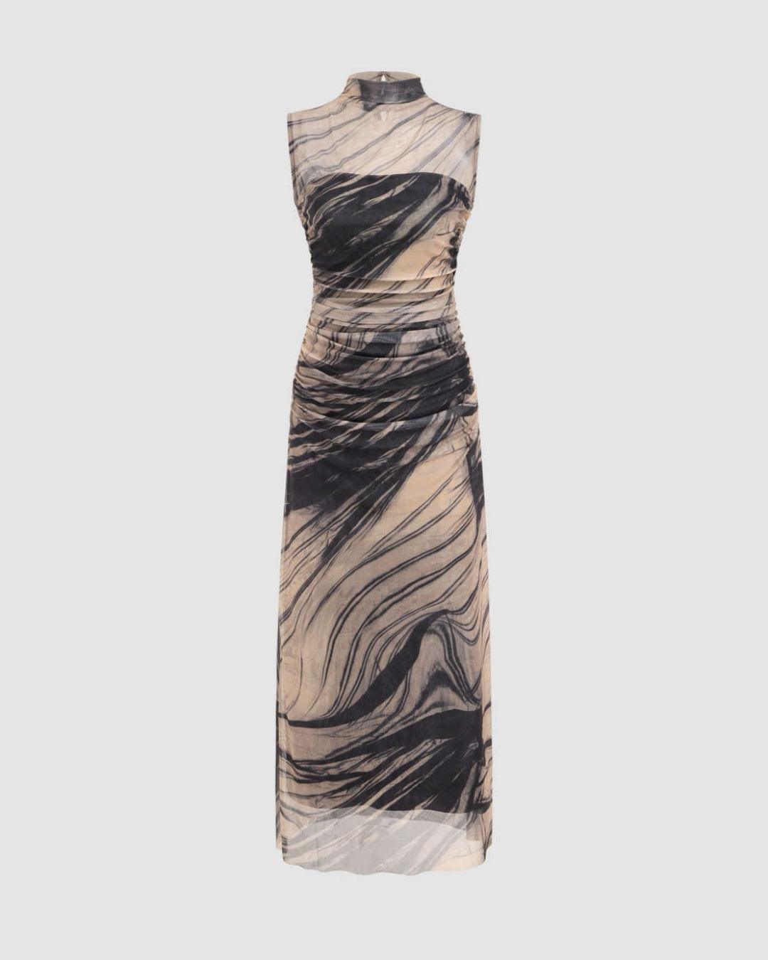 High Neck Slim Fit Abstract Pattern Maxi Dress