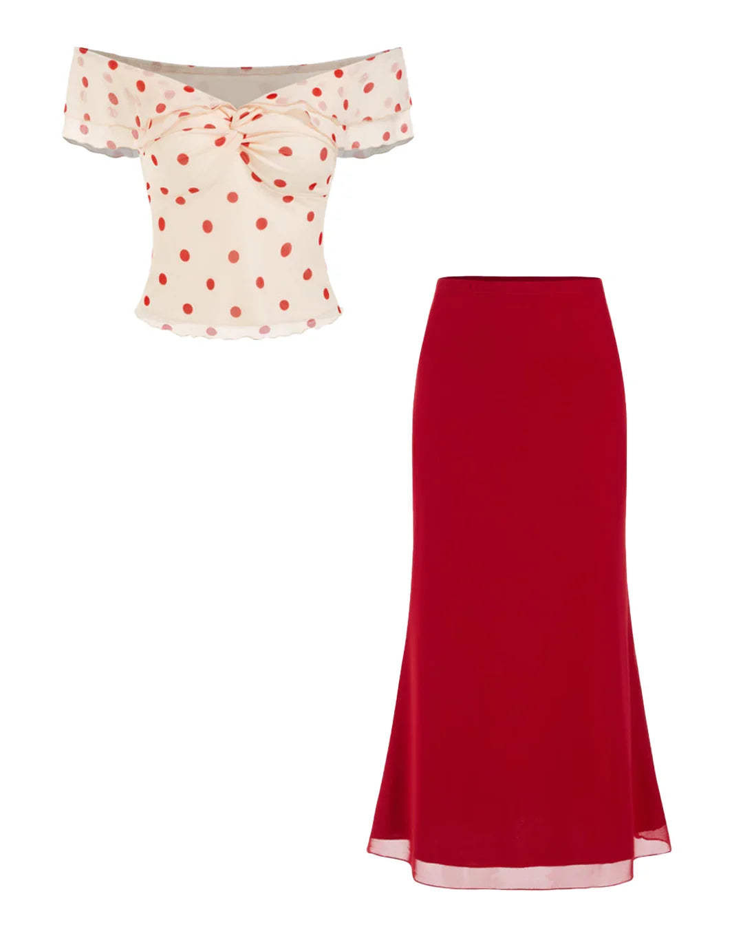 Mesh Off-Shoulder Polka Dot Ruffled Top & Mermaid Maxi Skirt Set