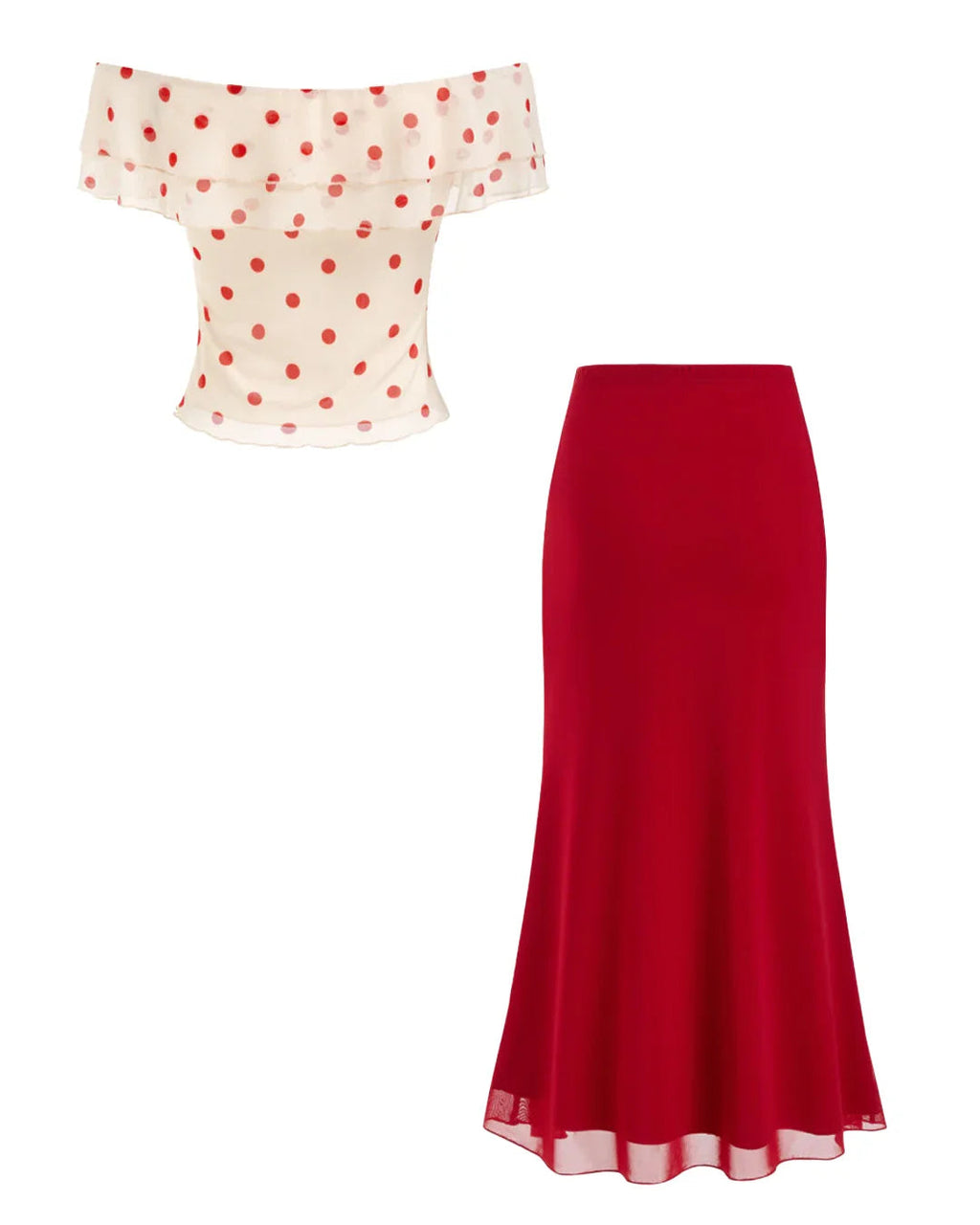 Mesh Off-Shoulder Polka Dot Ruffled Top & Mermaid Maxi Skirt Set