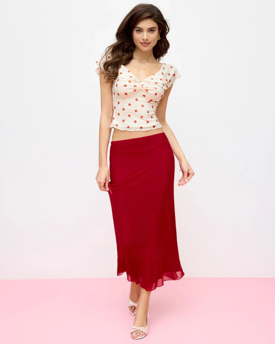Mesh Off-Shoulder Polka Dot Ruffled Top & Mermaid Maxi Skirt Set