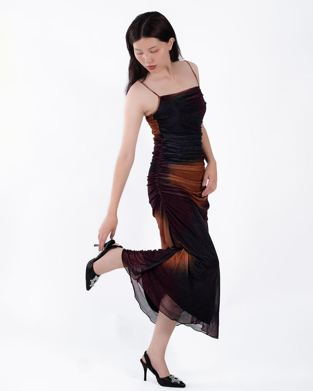 Mesh Ruched Cami Maxi Dress