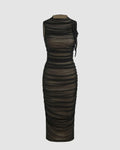 Sleeveless Mesh Midi Dress With Ruched High Neck
