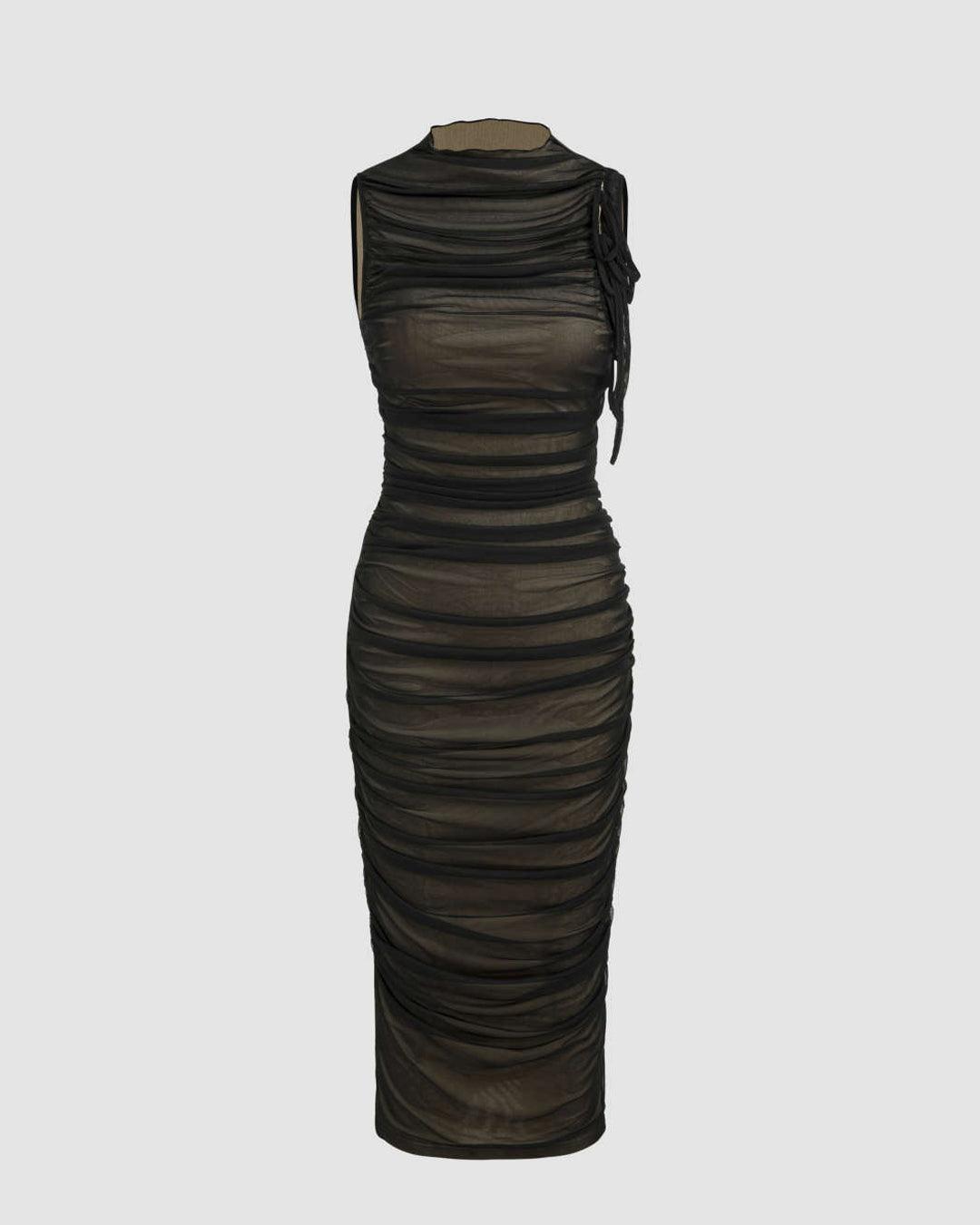 Sleeveless Mesh Midi Dress With Ruched High Neck