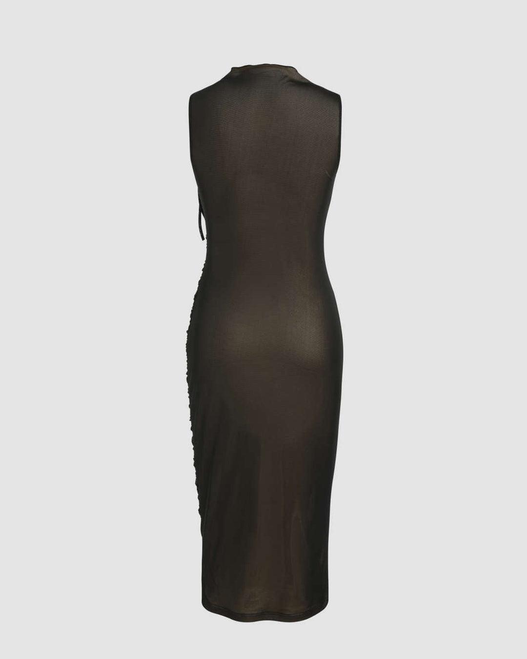 Sleeveless Mesh Midi Dress With Ruched High Neck