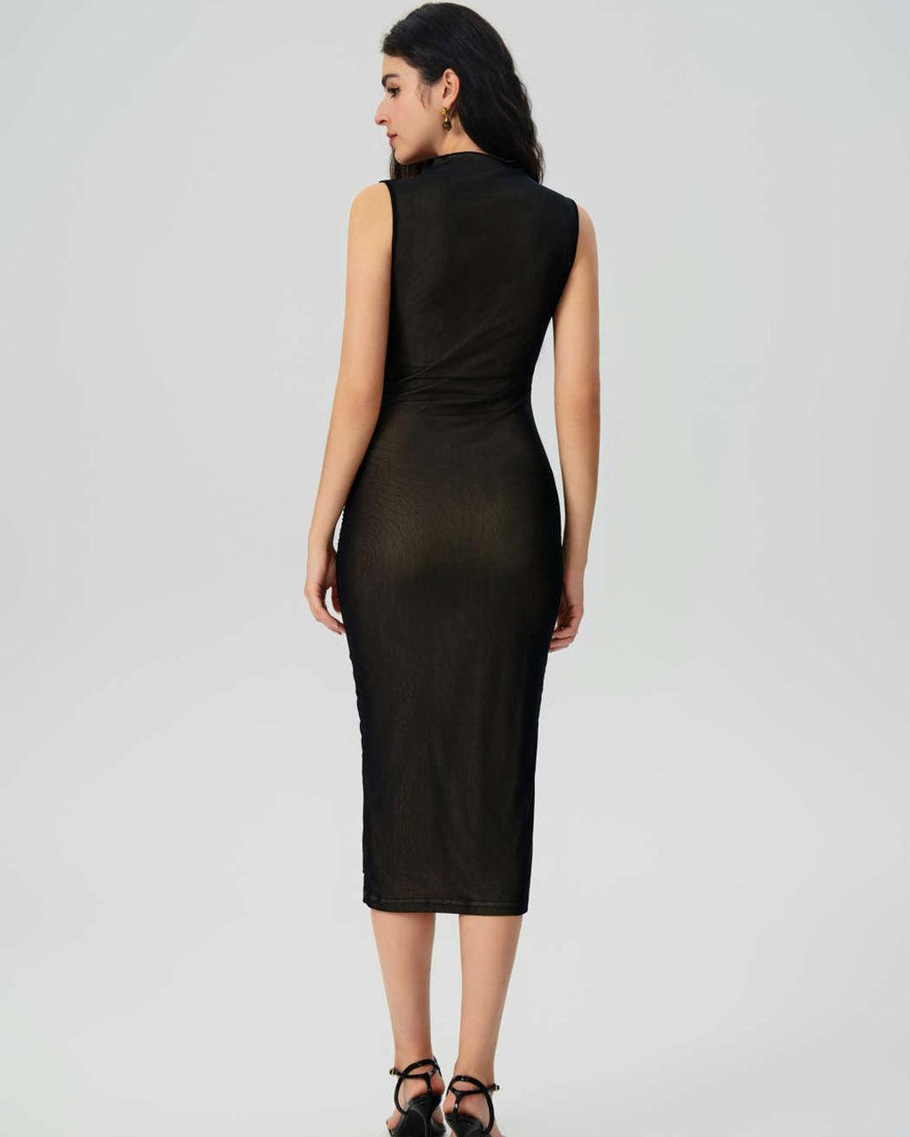 Sleeveless Mesh Midi Dress With Ruched High Neck