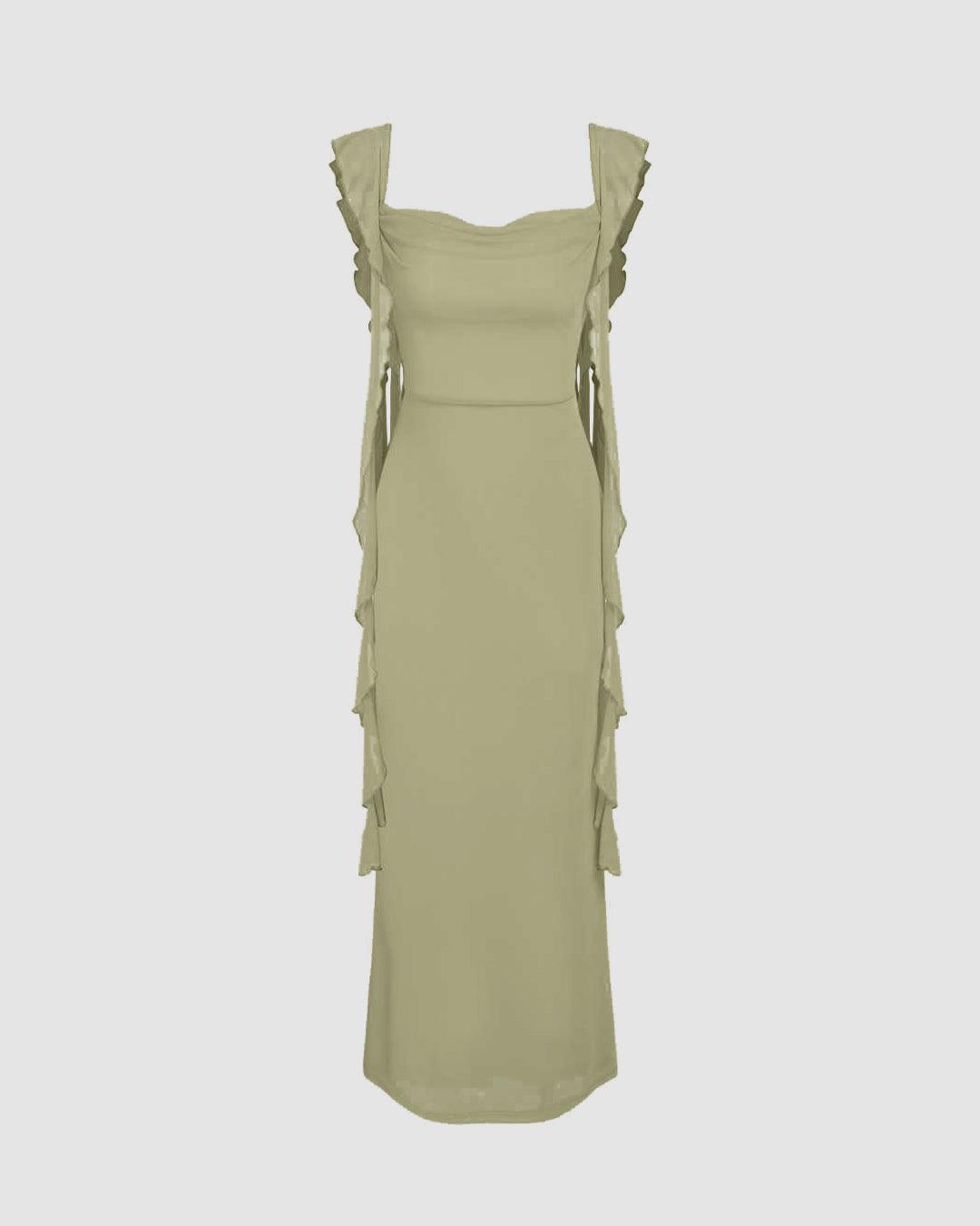 Mesh Ruffle Green Maxi Dress