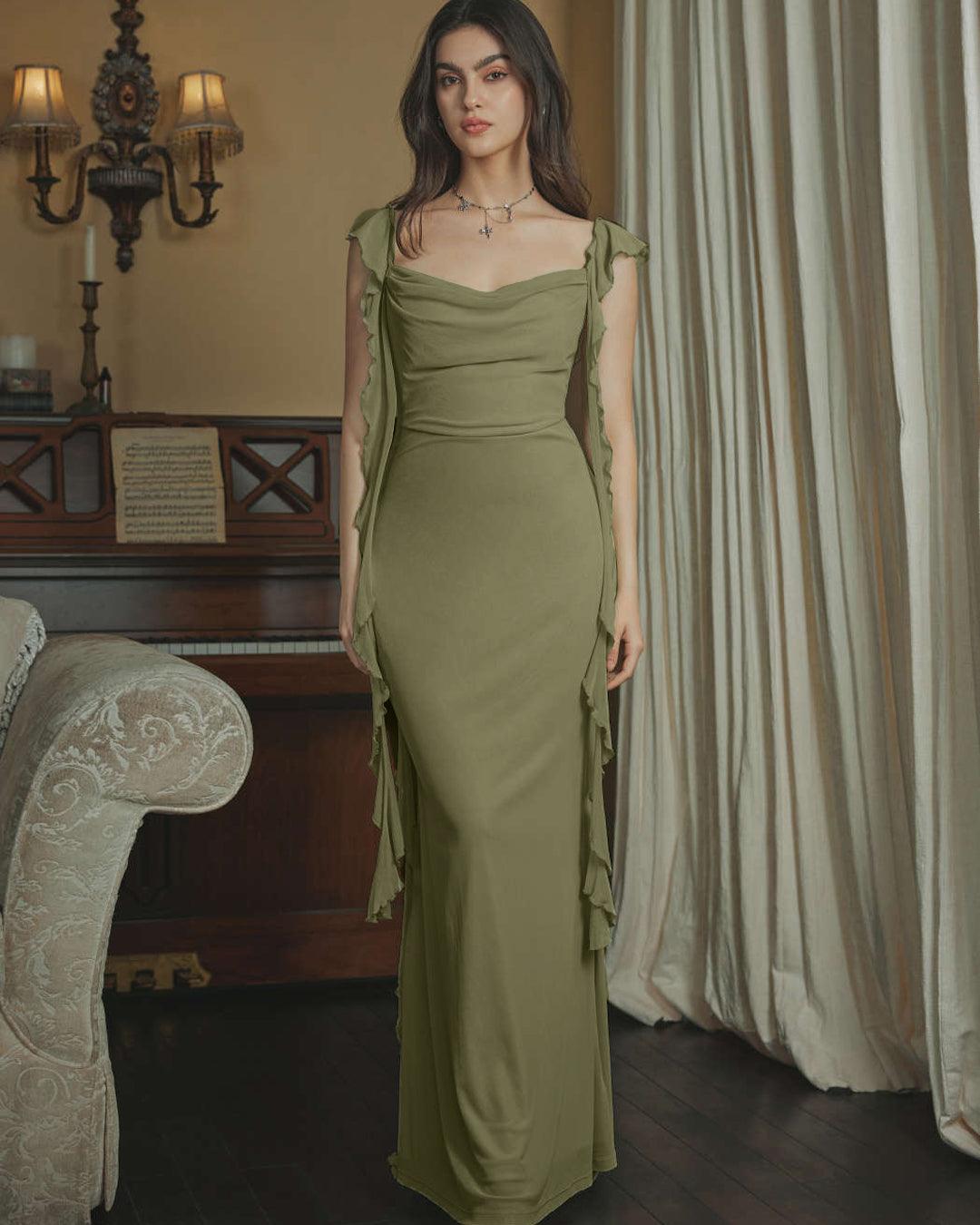 Mesh Ruffle Green Maxi Dress