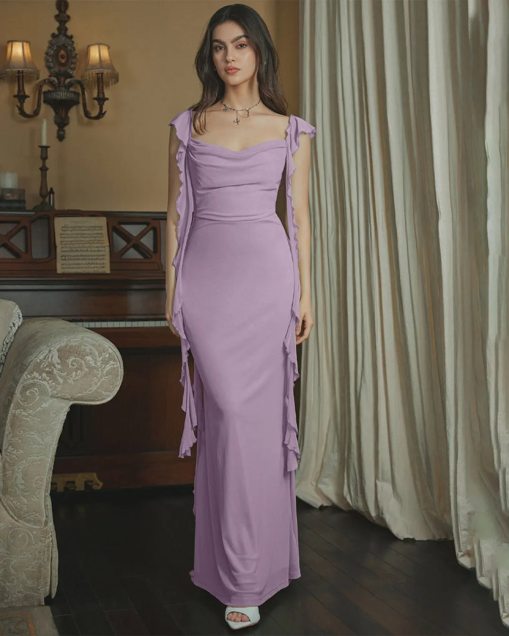 Mesh Ruffle Lilac Maxi Dress