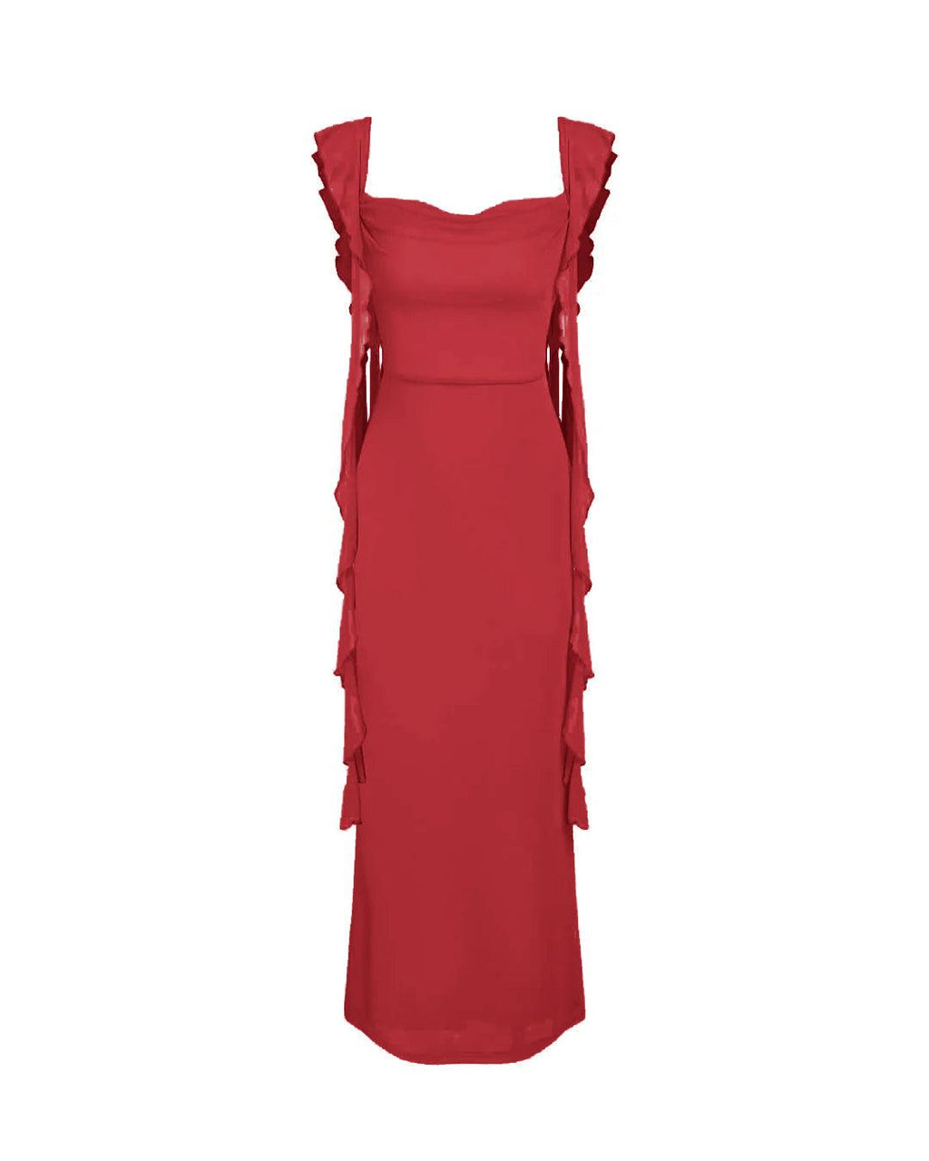Mesh Ruffle Red Maxi Dress