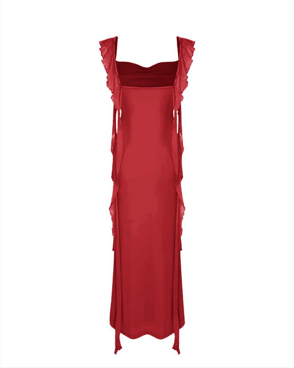 Mesh Ruffle Red Maxi Dress