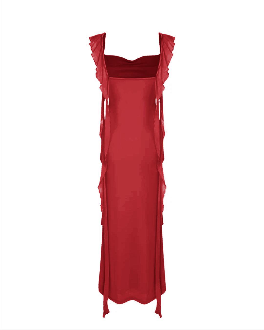 Mesh Ruffle Red Maxi Dress