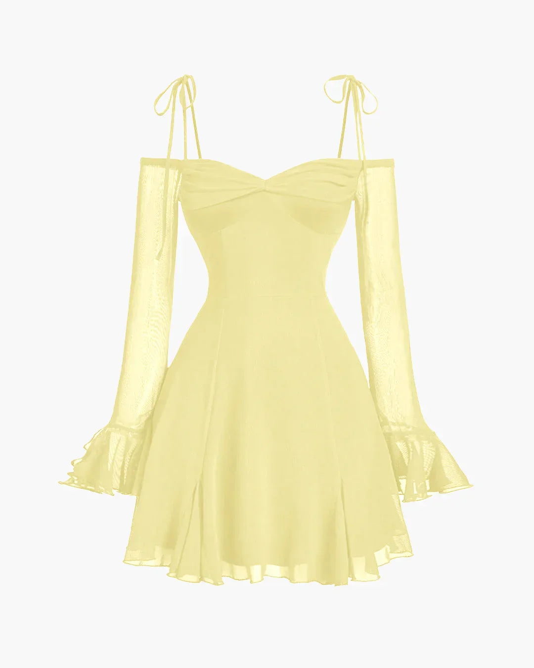 Mesh Sleeve Tie-Strap Fit & Flare Dress in French Vanilla