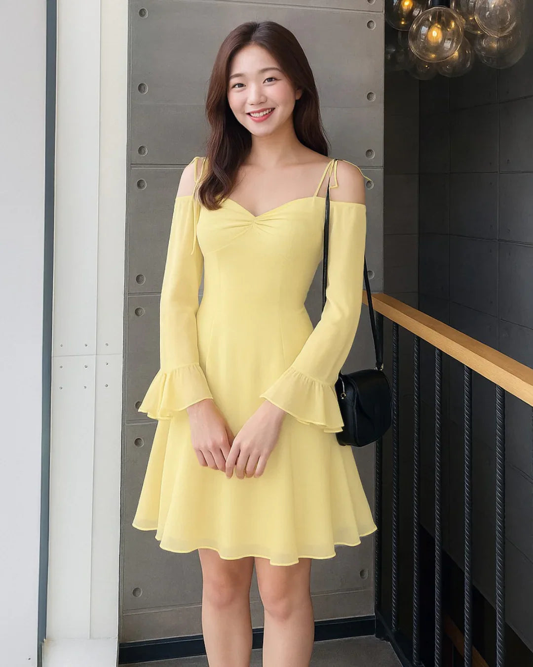 Mesh Sleeve Tie-Strap Fit & Flare Dress in French Vanilla