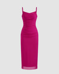 Mesh Solid Ruched Hot Pink Midi Dress