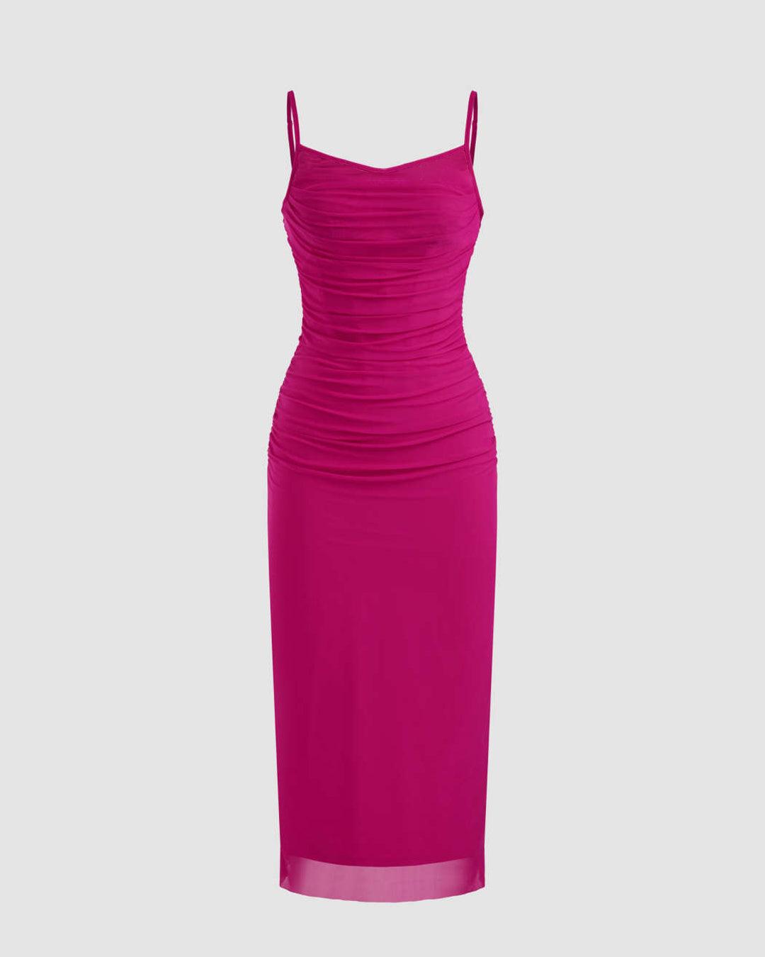 Mesh Solid Ruched Hot Pink Midi Dress