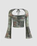 Mesh Square Neck Floral Ruched Knotted Bell Sleeve Top