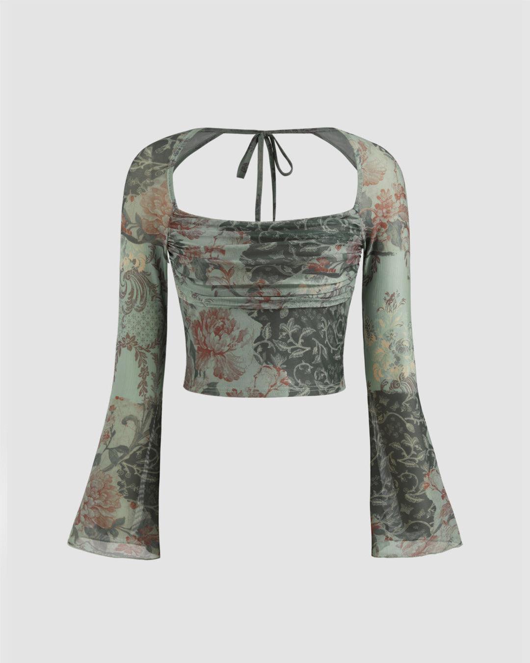 Mesh Square Neck Floral Ruched Knotted Bell Sleeve Top