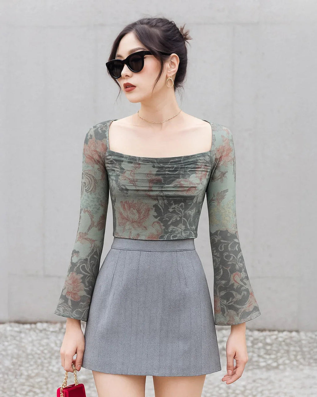 Mesh Square Neck Floral Ruched Knotted Bell Sleeve Top