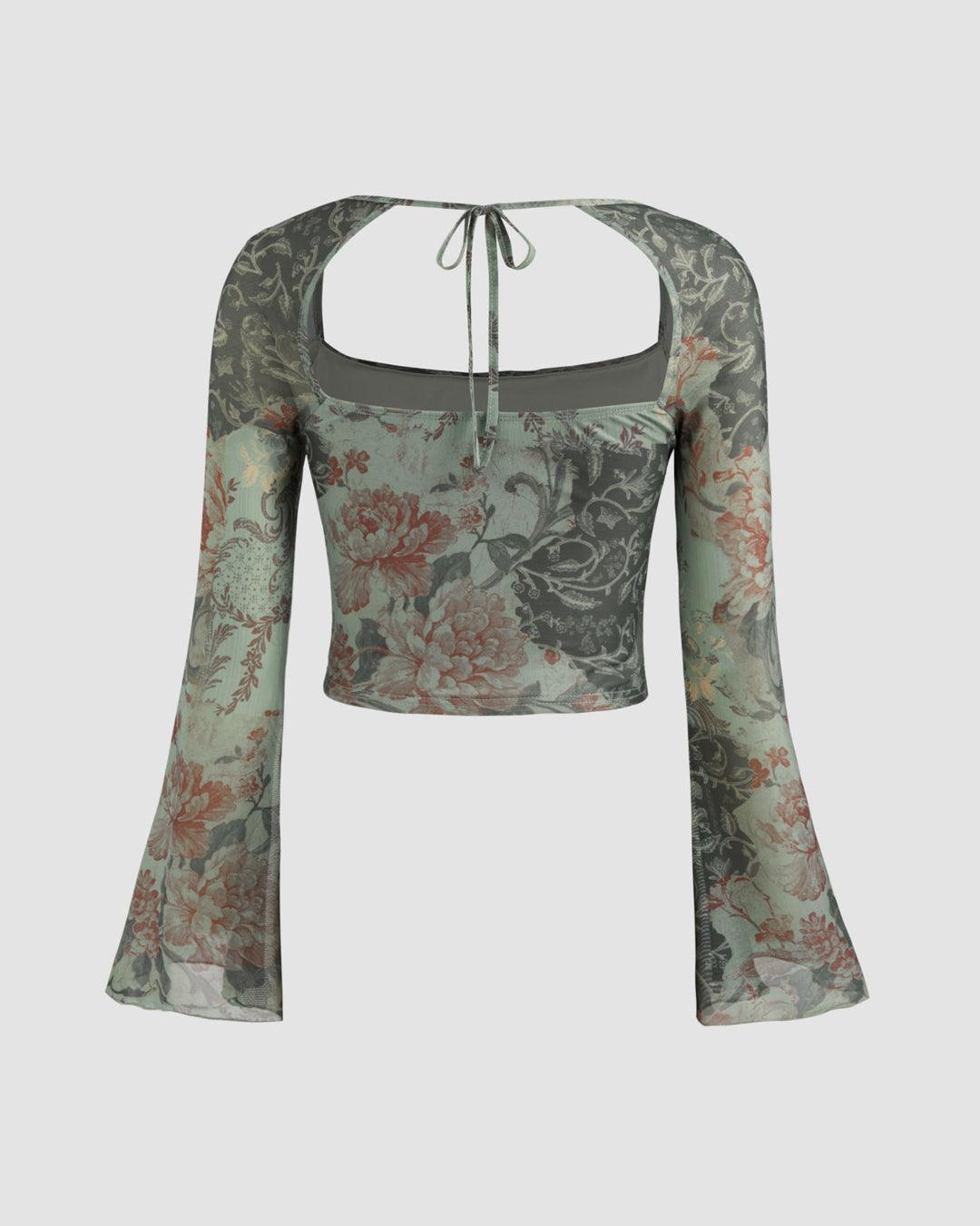 Mesh Square Neck Floral Ruched Knotted Bell Sleeve Top