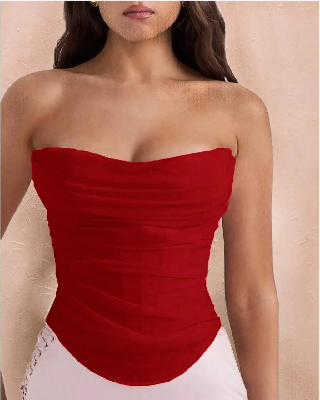 Mesh Strapless Corset Top In Red