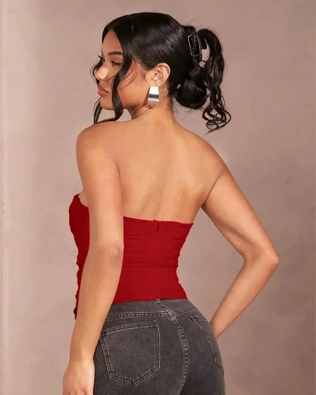 Mesh Strapless Corset Top In Red