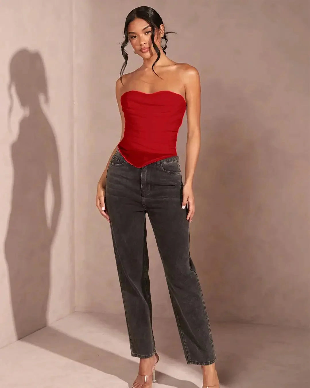 Mesh Strapless Corset Top In Red