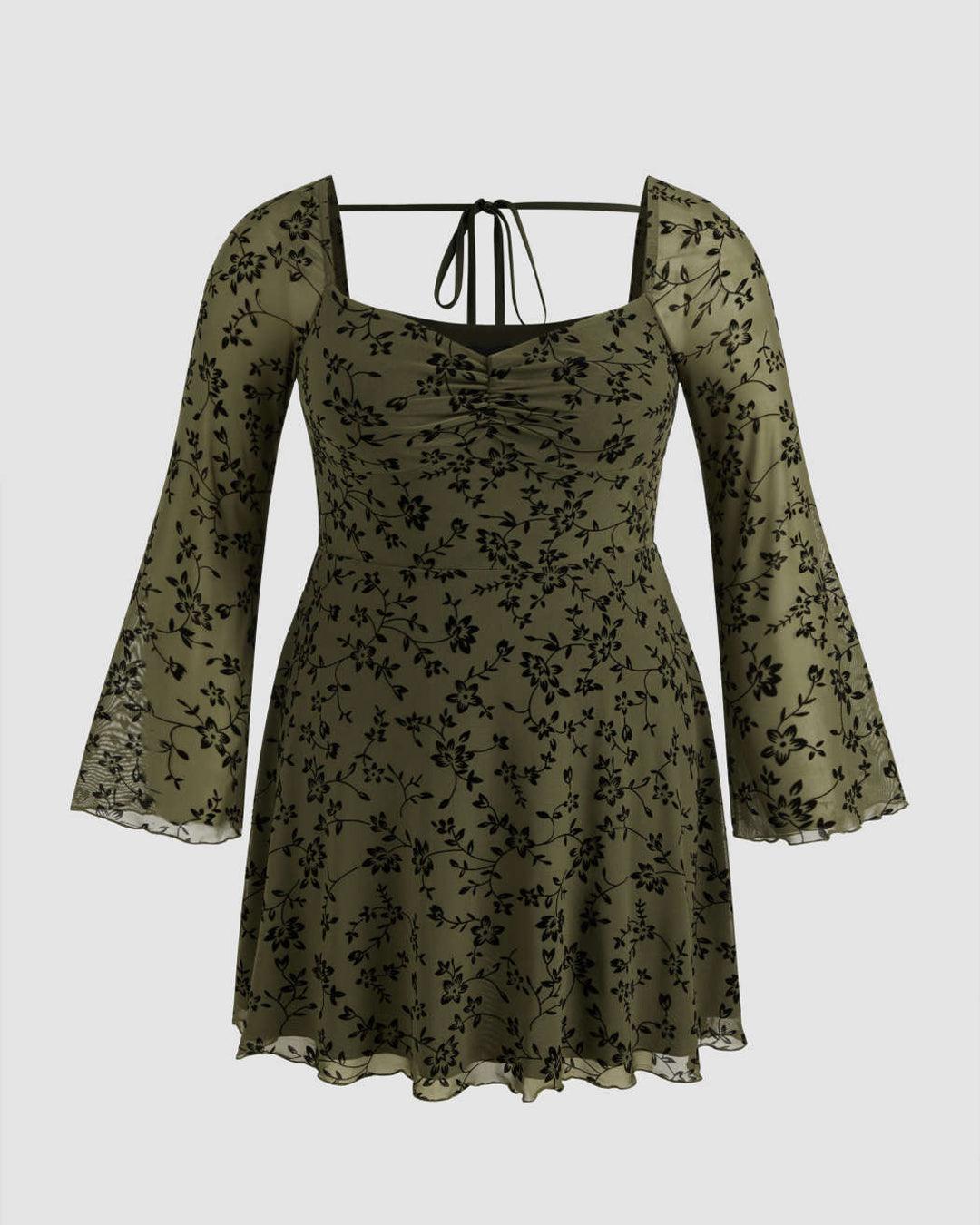 Mesh Sweetheart Neckline Floral Knotted Mini Dress Curve & Plus