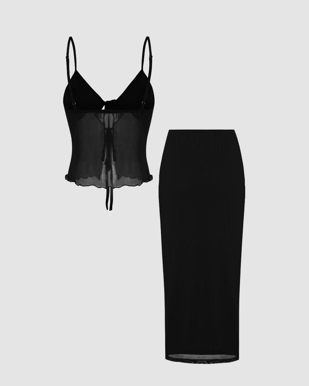 Mesh Sweetheart Top & Split Maxi Skirt In Black