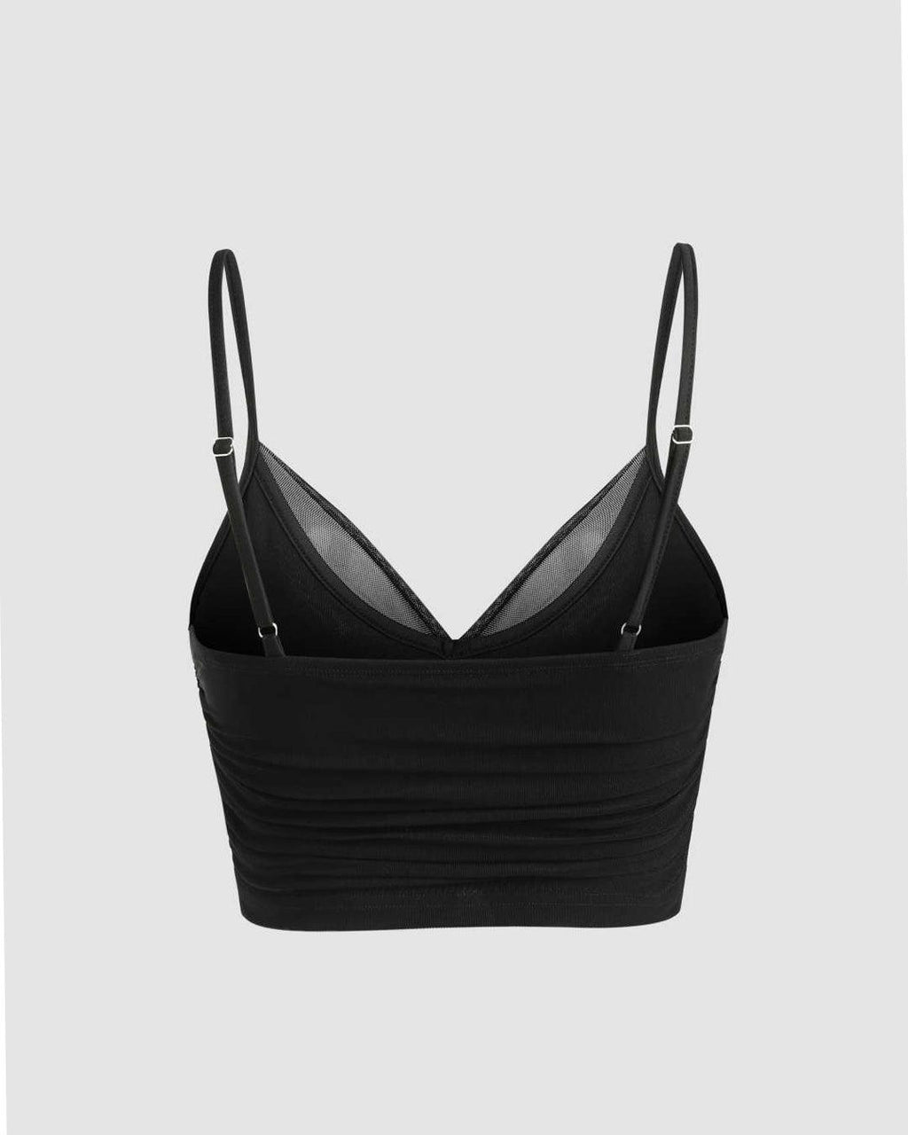 Mesh V-Neck Ruched Strappy Black Crop Top