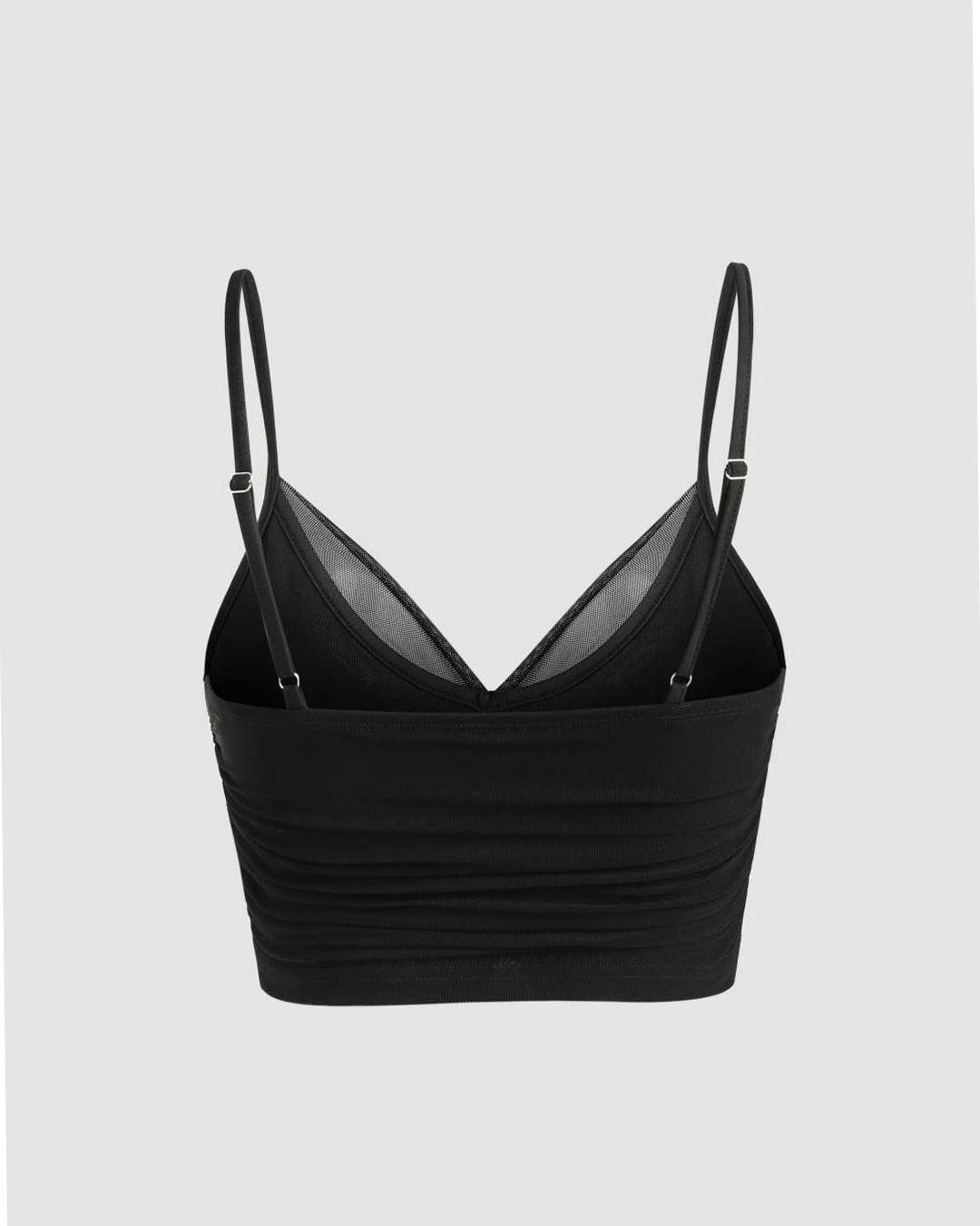 Mesh V-Neck Ruched Strappy Black Crop Top