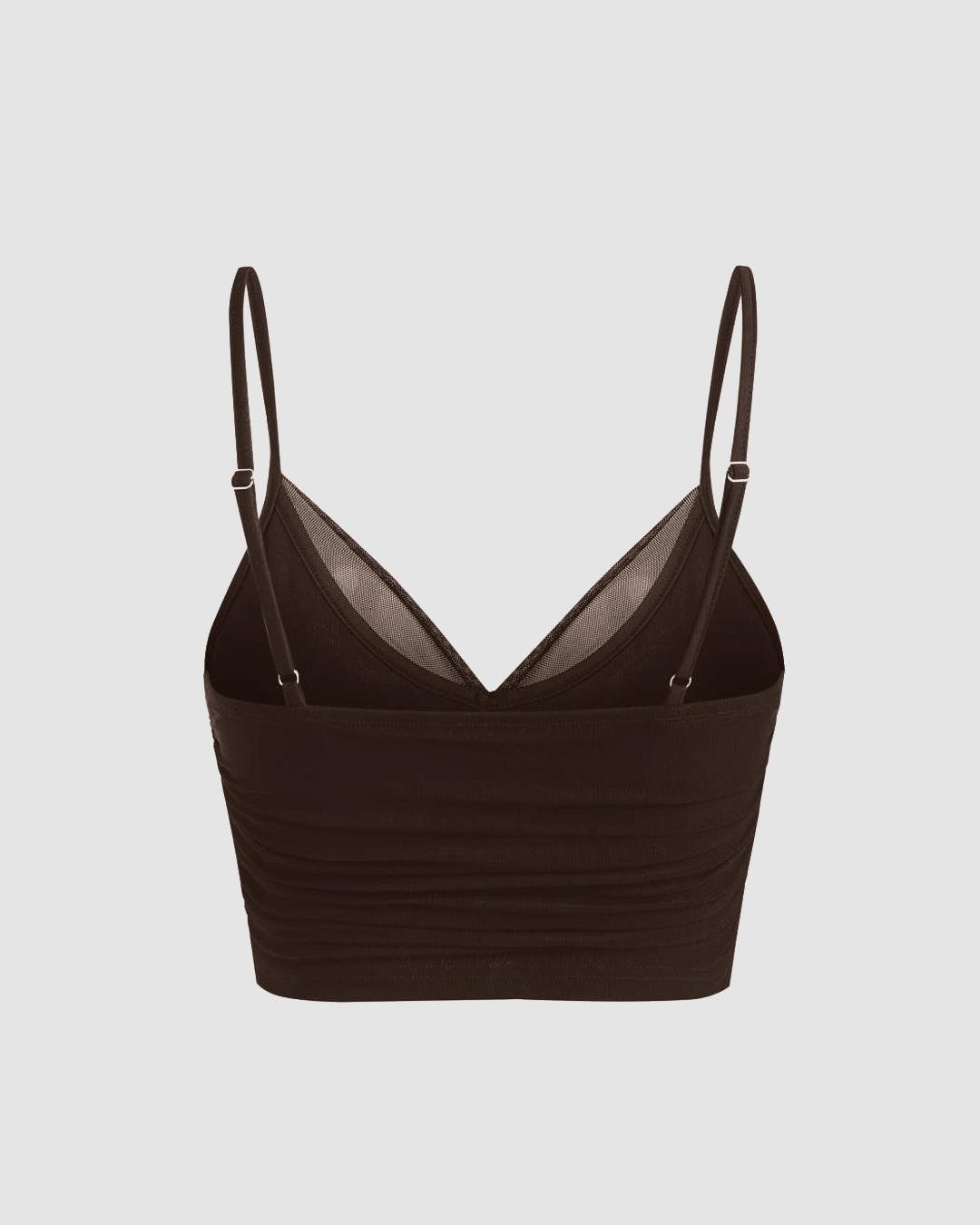 Mesh V-Neck Ruched Strappy Coco Brown Crop Top