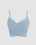 Mesh V-Neck Ruched Strappy Dusty Blue Crop Top