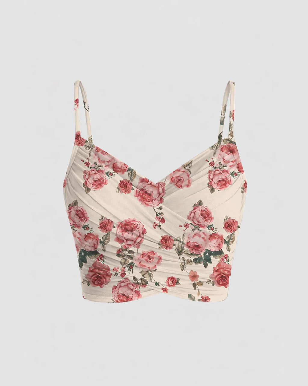 Mesh V-Neck Ruched Strappy Floral Crop Top