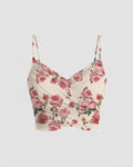 Mesh V-Neck Ruched Strappy Floral Crop Top