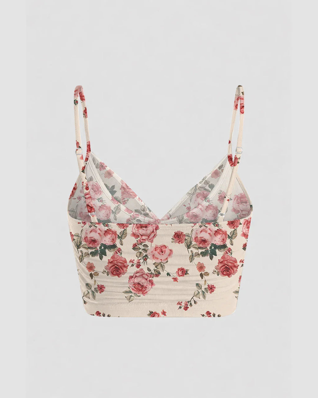 Mesh V-Neck Ruched Strappy Floral Crop Top