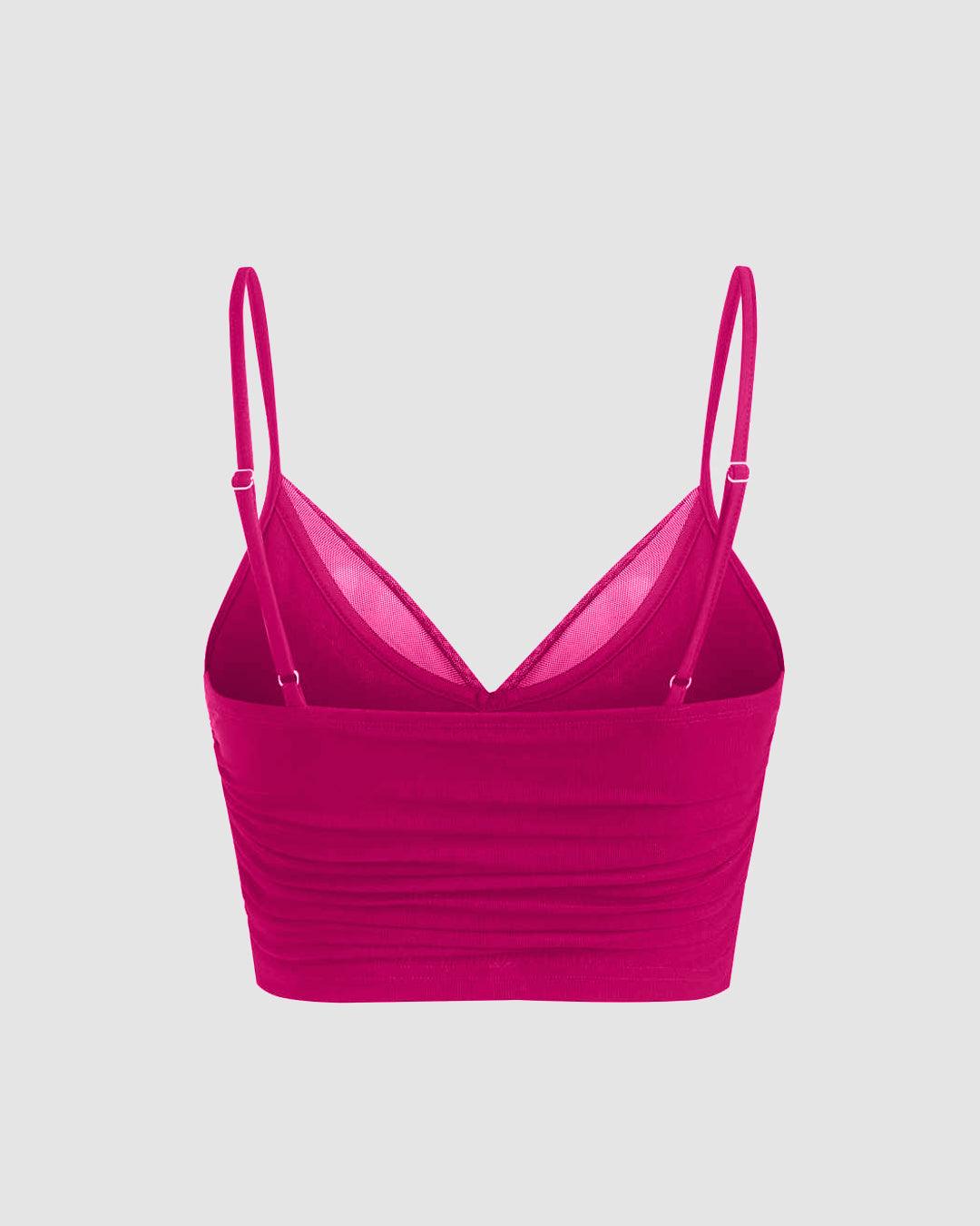 Mesh V-Neck Ruched Strappy Hot Pink Crop Top