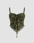Mesh V-neck Floral Lettuce Trim Knotted Crop Cami Top