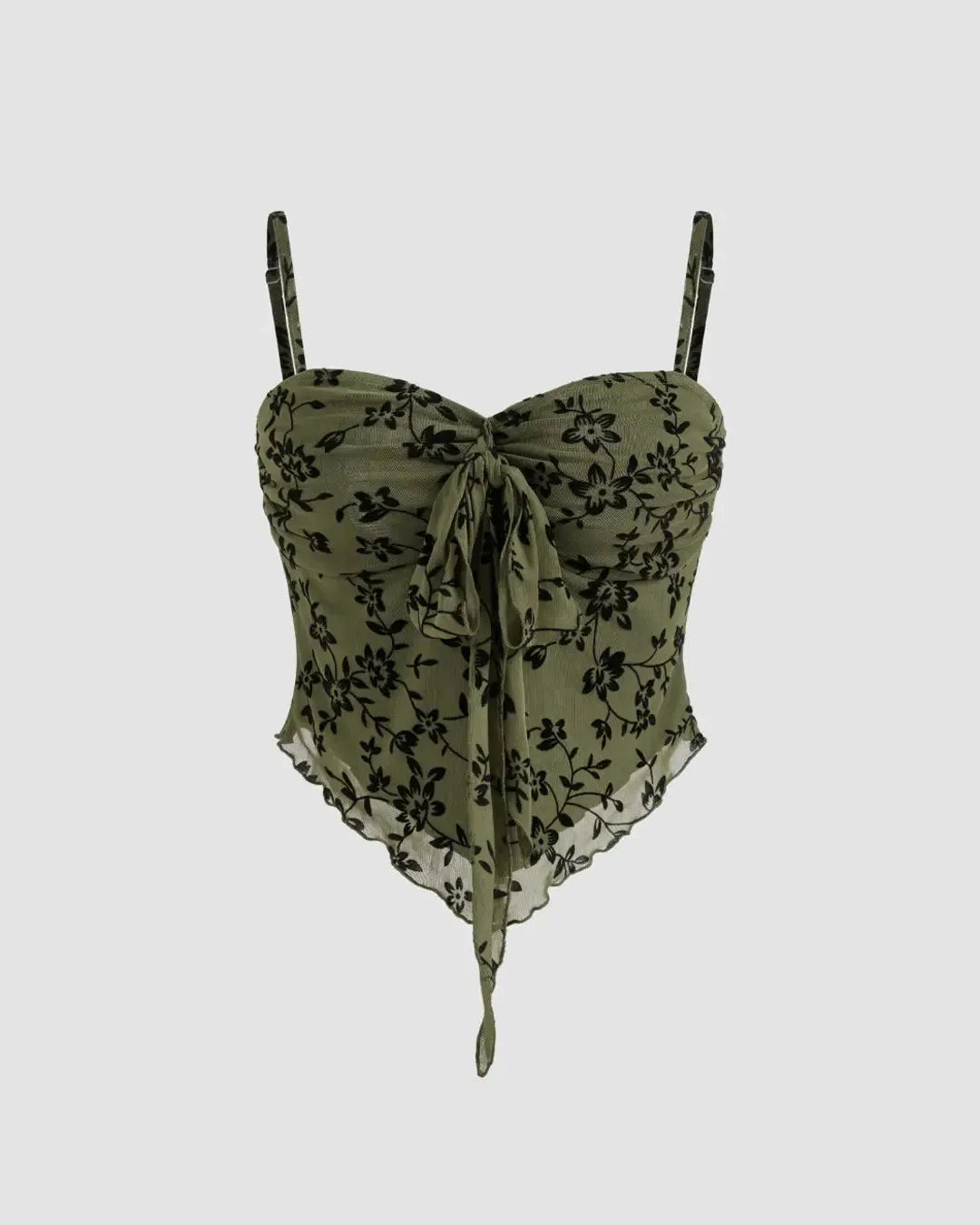 Mesh V-neck Floral Lettuce Trim Knotted Crop Cami Top