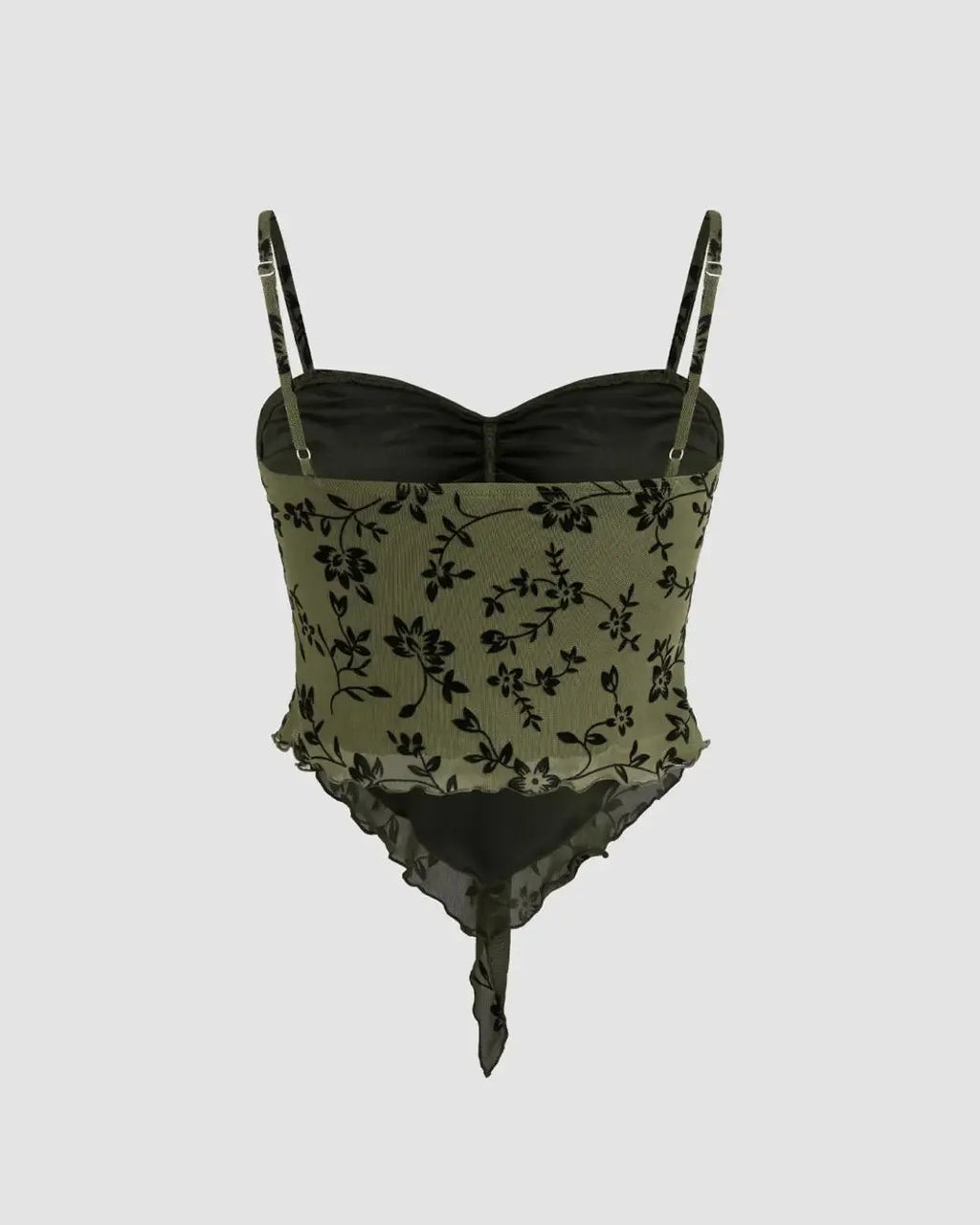 Mesh V-neck Floral Lettuce Trim Knotted Crop Cami Top
