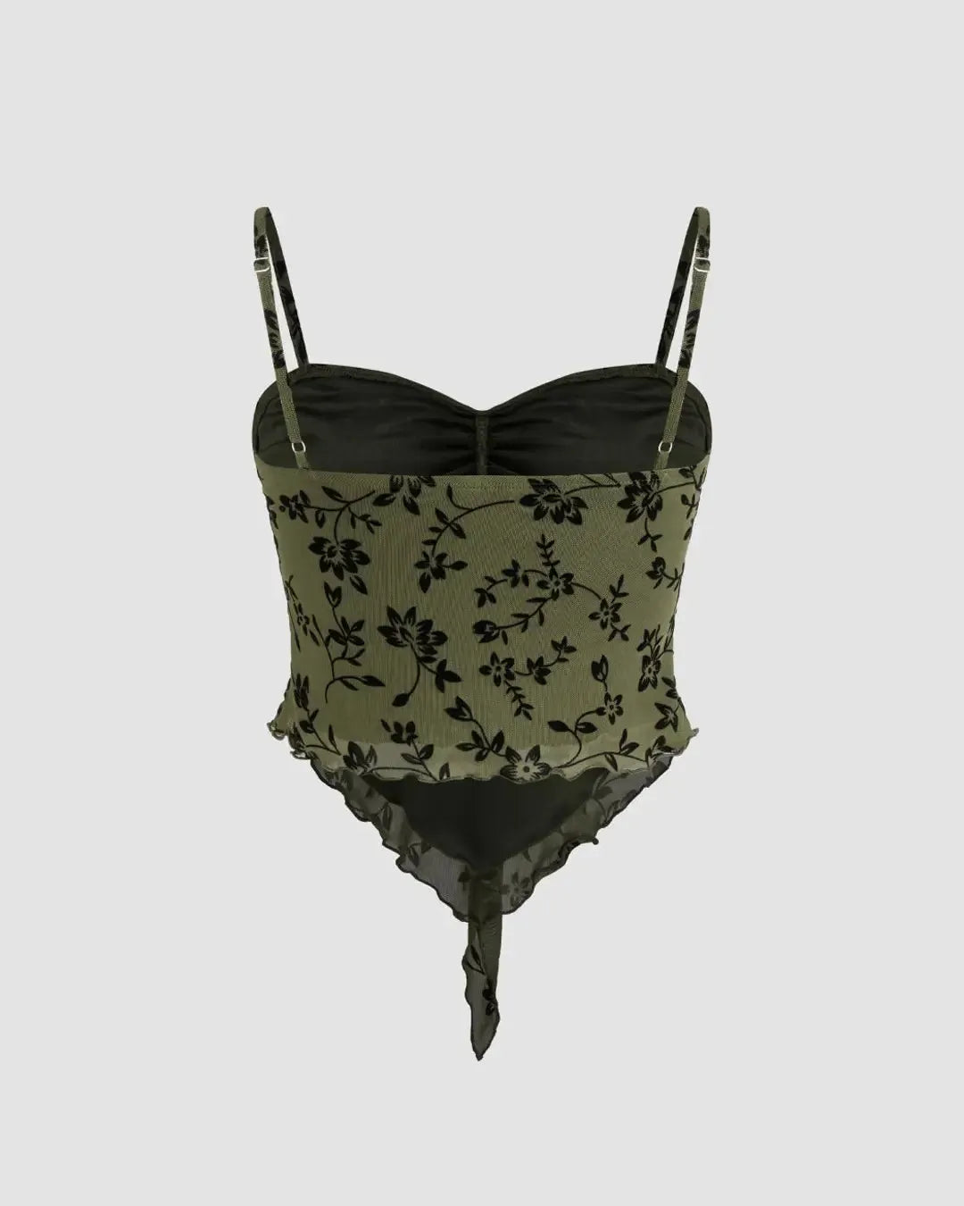 Mesh V-neck Floral Lettuce Trim Knotted Crop Cami Top
