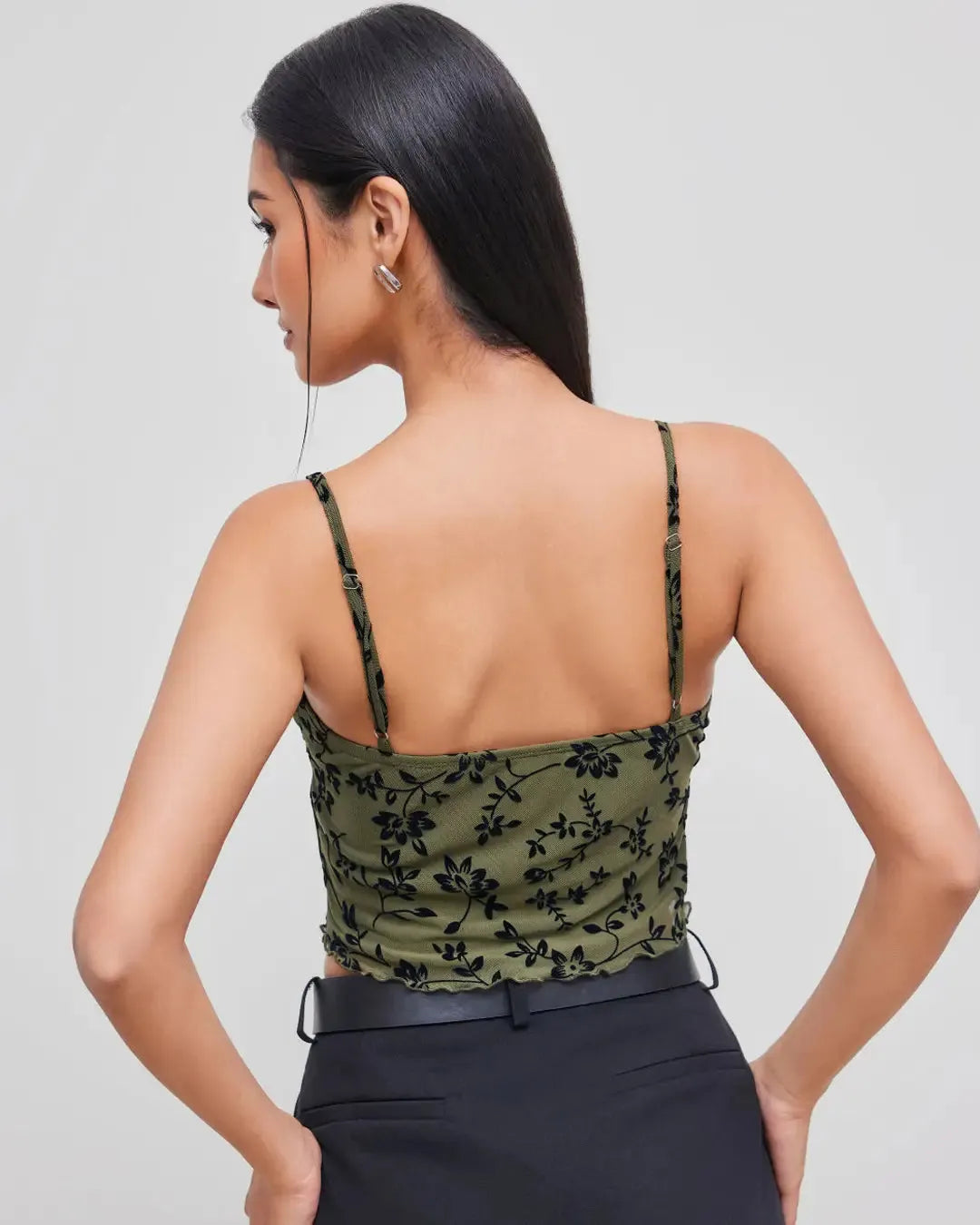 Mesh V-neck Floral Lettuce Trim Knotted Crop Cami Top