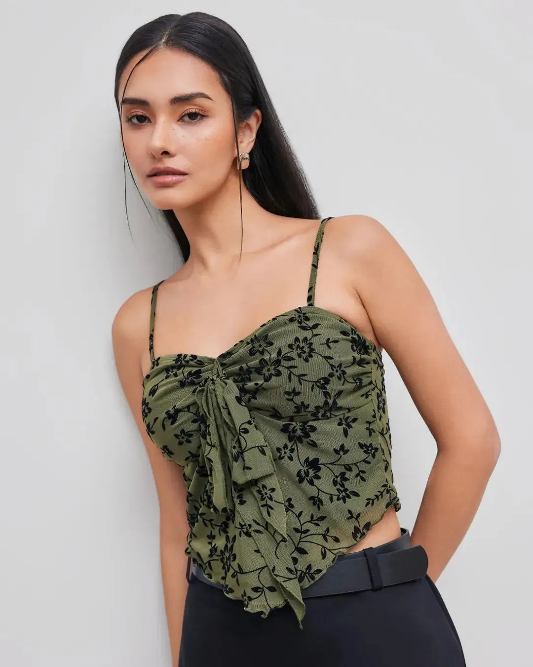 Mesh V-neck Floral Lettuce Trim Knotted Crop Cami Top