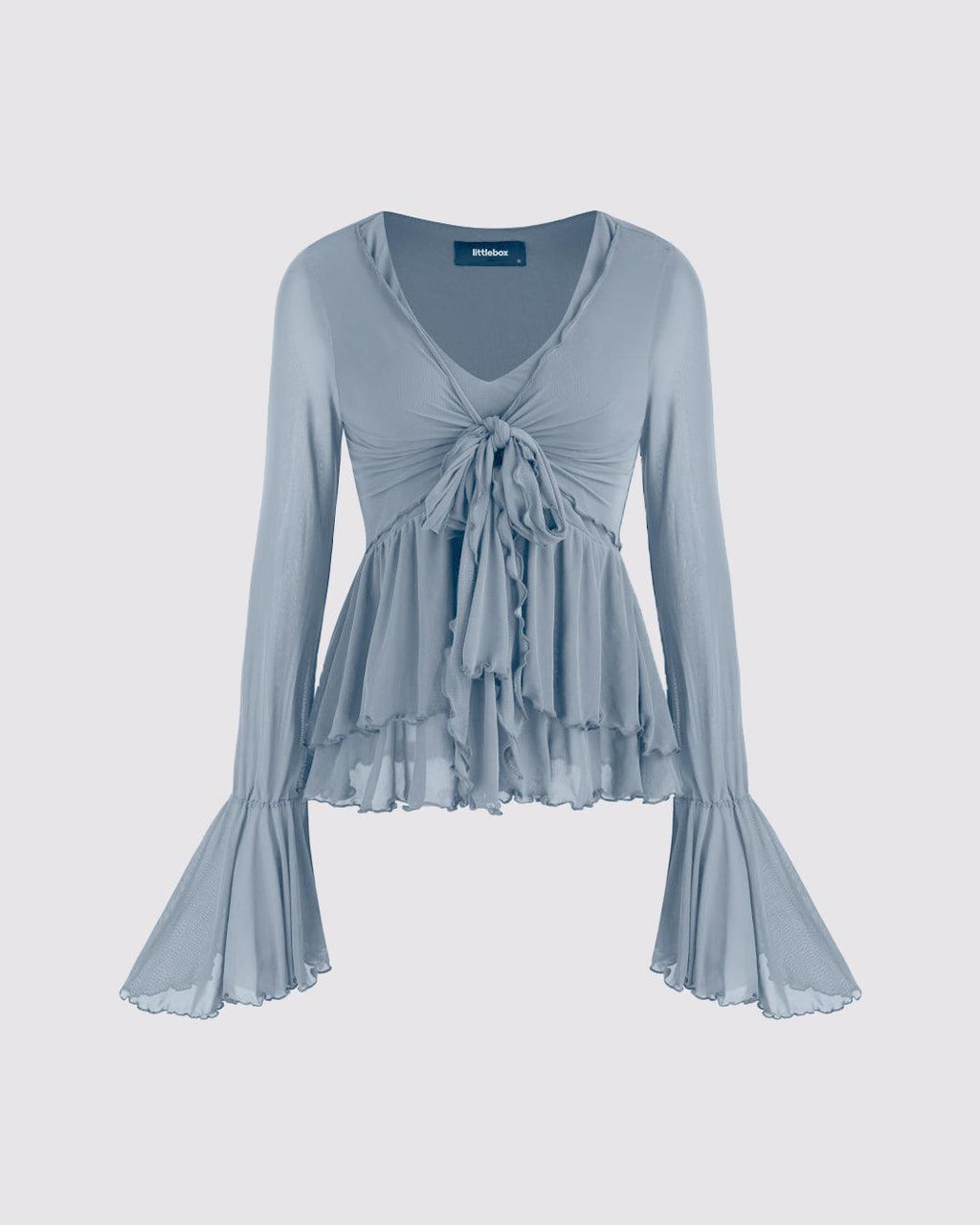 Mesh V-neck Ruffle Bell Sleeve Blue Top