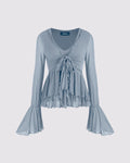 Mesh V-neck Ruffle Bell Sleeve Blue Top