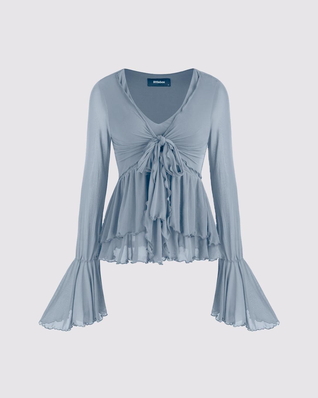 Mesh V-neck Ruffle Bell Sleeve Blue Top