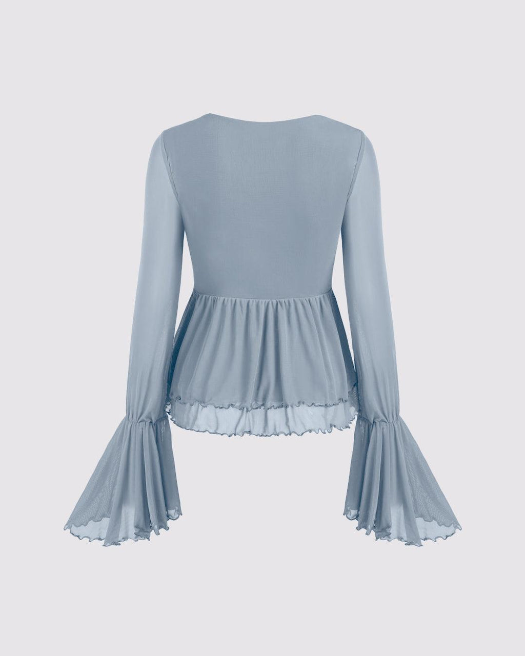 Mesh V-neck Ruffle Bell Sleeve Blue Top