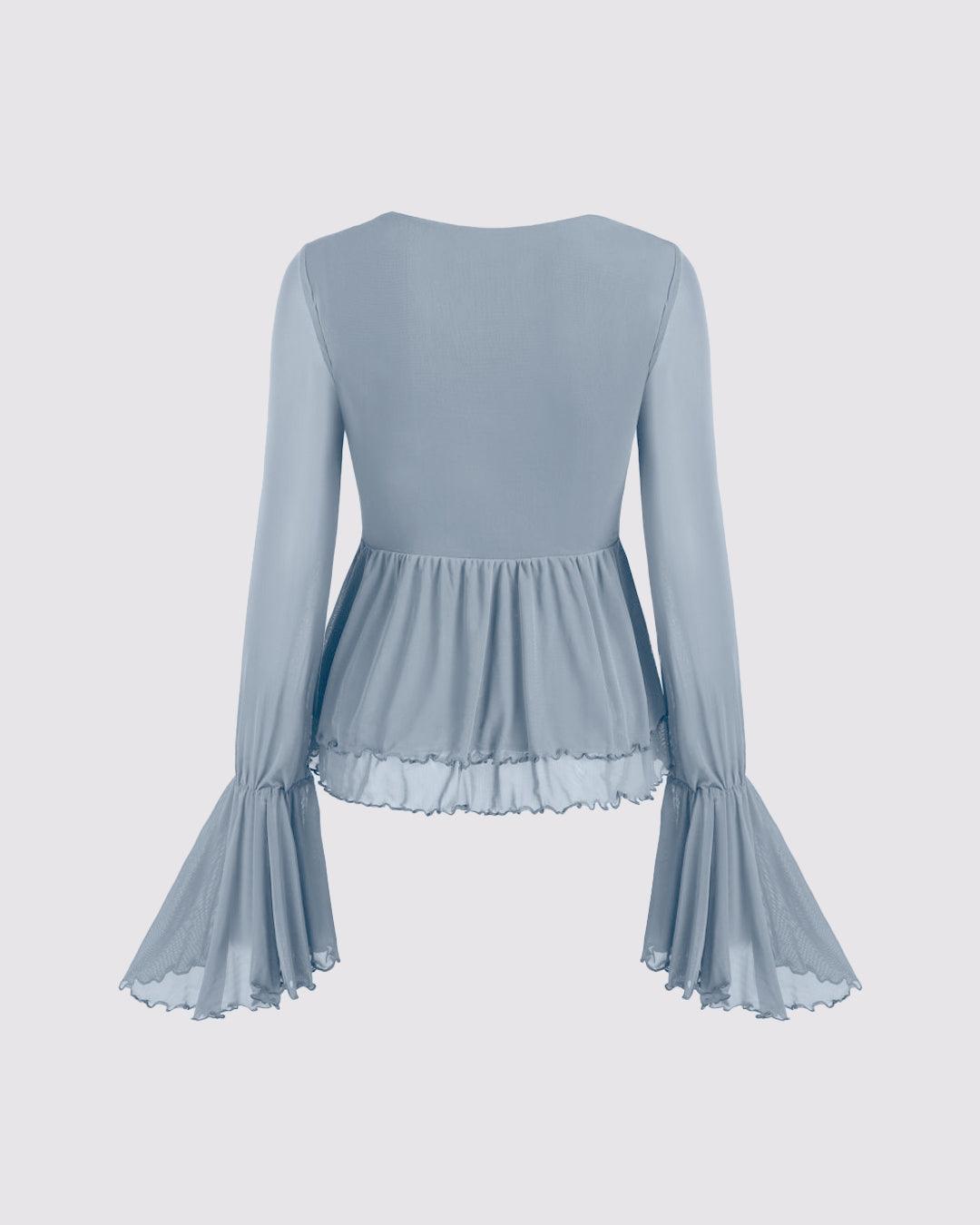 Mesh V-neck Ruffle Bell Sleeve Blue Top