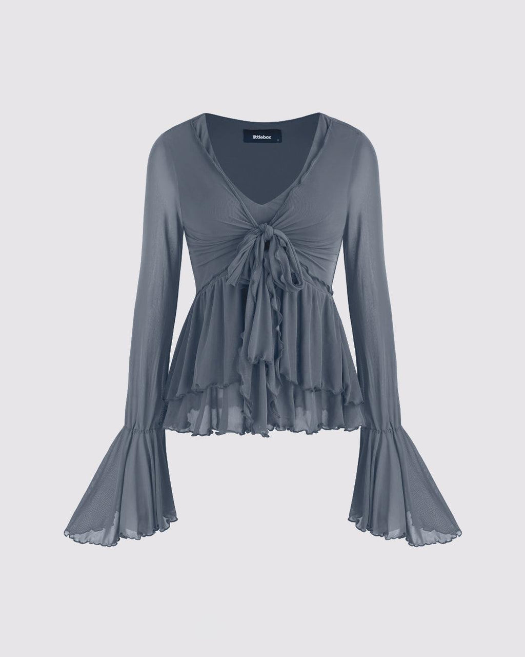 Mesh V-neck Ruffle Bell Sleeve Grey Top